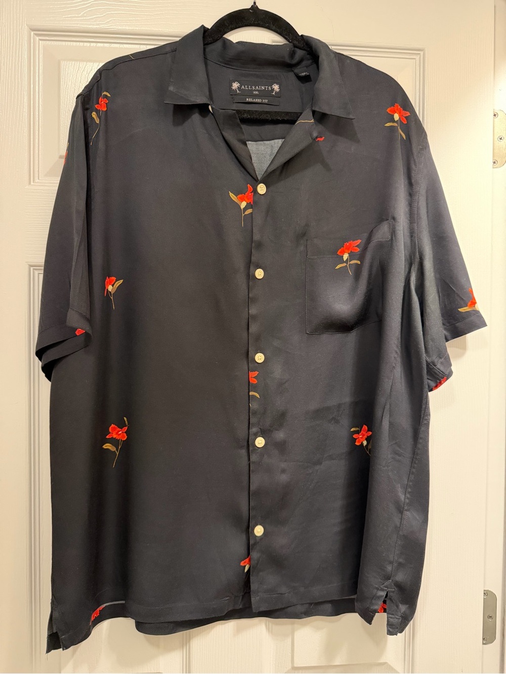 All Saints Navy Short-Sleeve Button-Down Shirt with Red Flower Motif